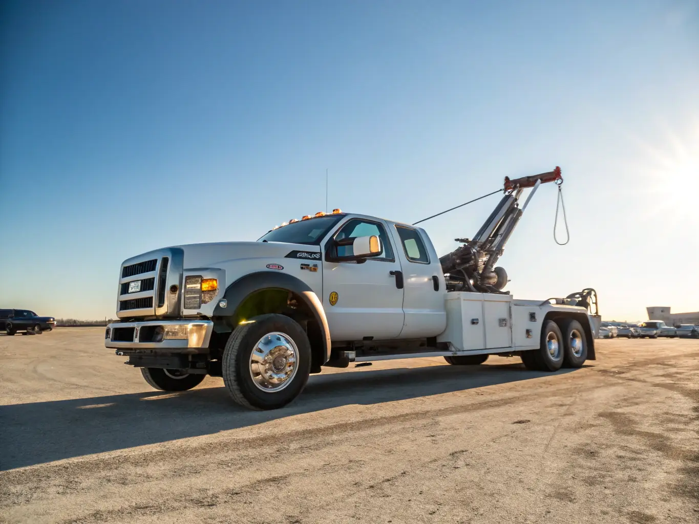 A heavy-duty tow truck with a large commercial vehicle being loaded on a flatbed, illustrating heavy-duty towing capabilities.