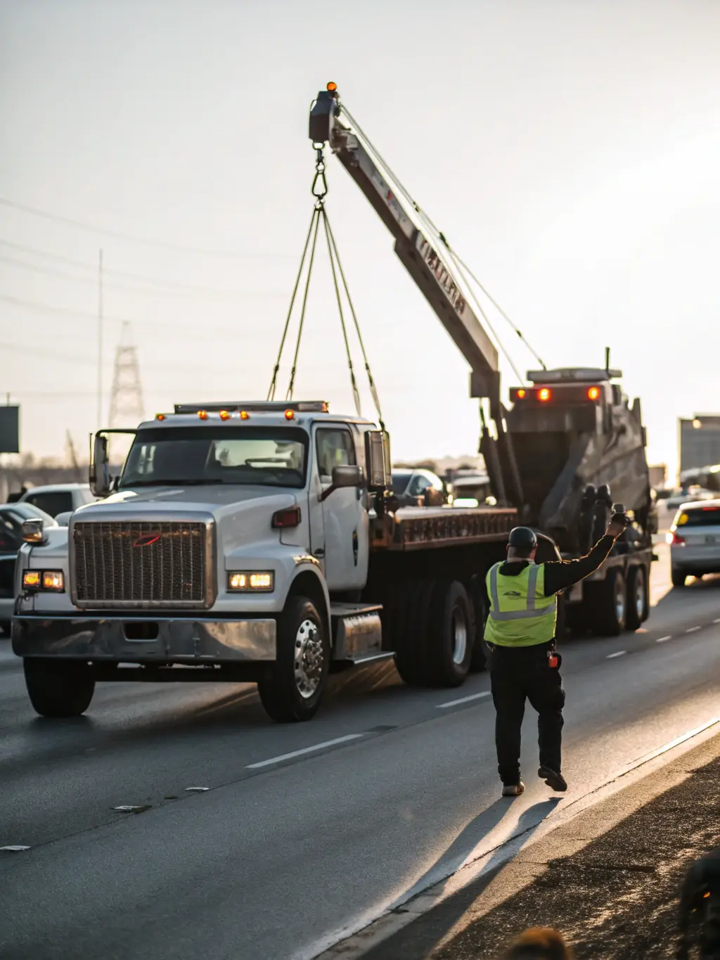 A heavy-duty tow truck carefully lifting a semi-truck after a breakdown on a highway, emphasizing the strength and expertise involved.