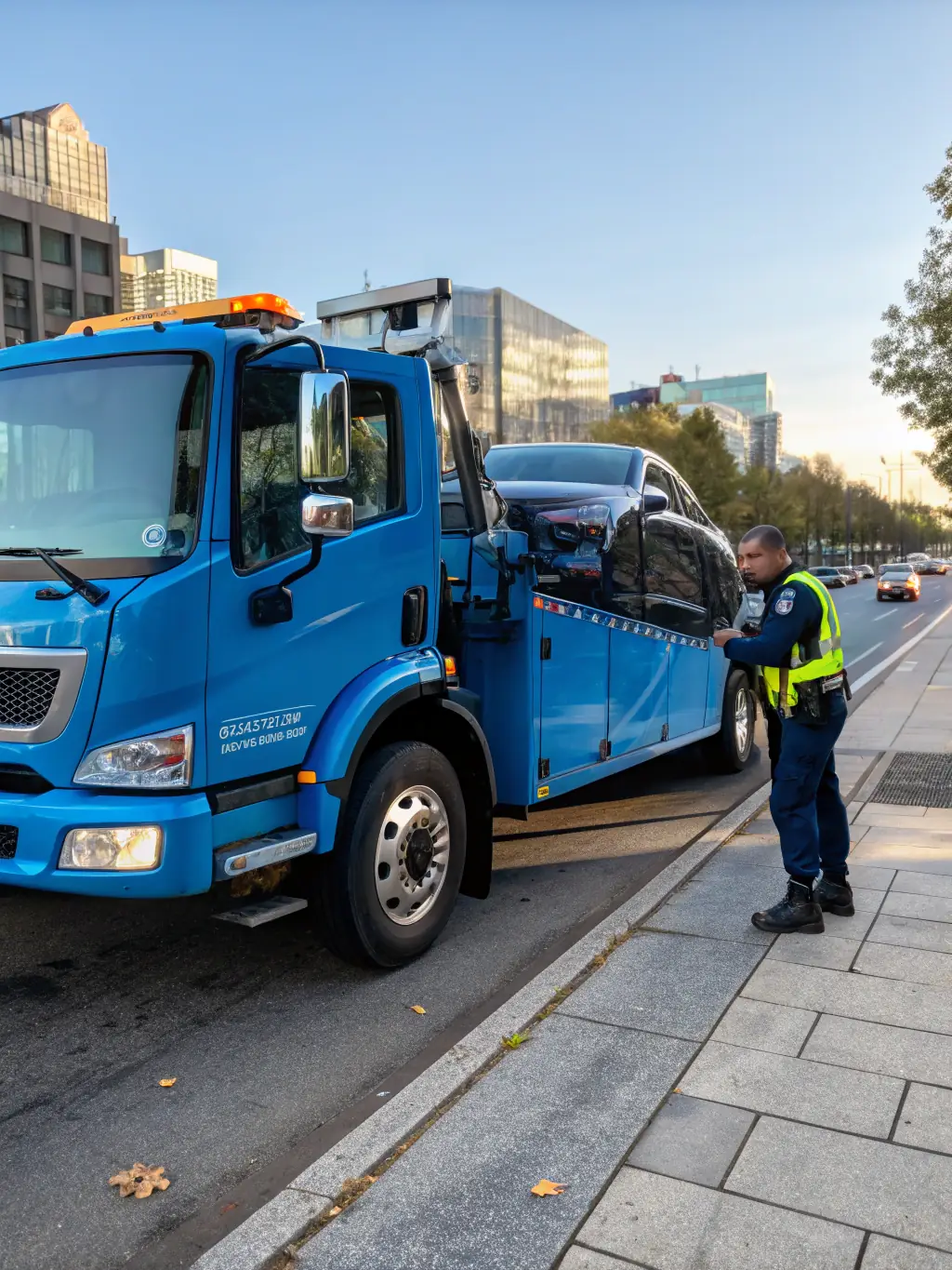 A light-duty tow truck towing a sedan on a city street during the day, showcasing the ease and efficiency of the service.