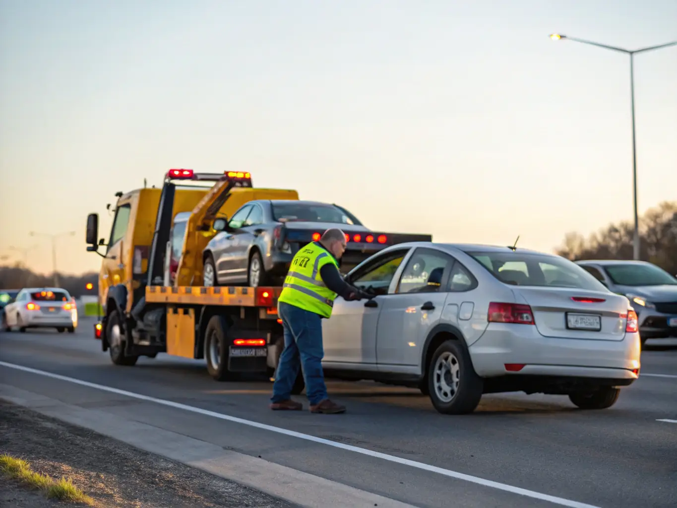 A tow truck assisting a stranded motorist with a flat tire on a highway, demonstrating roadside assistance services.